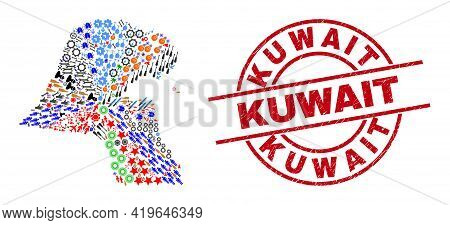 Kuwait Map Mosaic And Grunge Kuwait Red Round Seal. Kuwait Stamp Uses Vector Lines And Arcs. Kuwait 