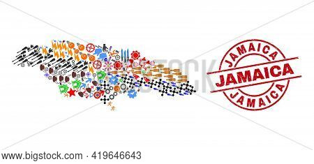 Jamaica Map Mosaic And Jamaica Red Circle Stamp Seal. Jamaica Seal Uses Vector Lines And Arcs. Jamai