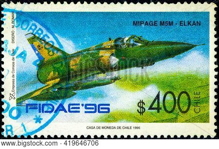 Chile - Circa 1996: Postage Stamp Printed In Chile Shows The Mirage M5m Elkam Aircraft Belonging To 