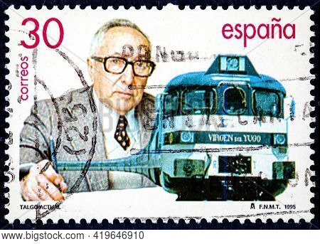 Spain - Circa 1995: A Stamp Printed In Spain Shows The Current Talgo Train. Centenary Of The Birth O