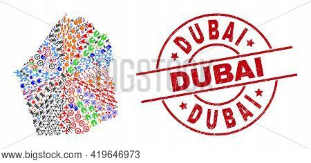 Dubai Emirate Map Collage And Distress Dubai Red Circle Stamp. Dubai Badge Uses Vector Lines And Arc
