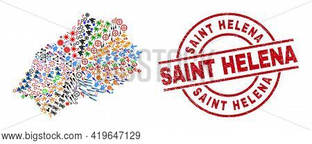 Saint Helena Island Map Collage And Saint Helena Red Circle Stamp. Saint Helena Stamp Uses Vector Li