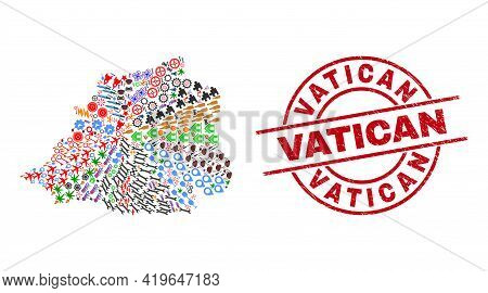 Vatican Map Collage And Rubber Vatican Red Round Badge. Vatican Badge Uses Vector Lines And Arcs. Va