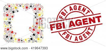 Germany Map Collage In German Flag Official Colors - Red, Yellow, Black, And Fbi Agent Red Round Sta