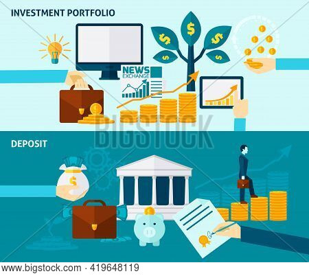 Investment Portfolio Exchange News And Deposit Or Accumulation Flat Color Horizontal Banner Set Isol