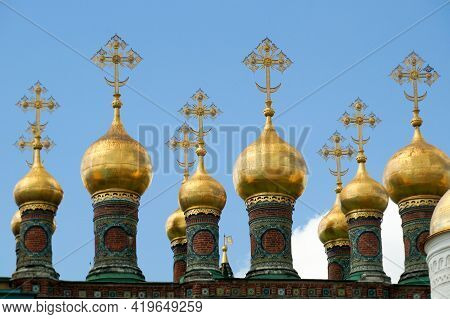 Domes Of Terem Churches Complex In Moscow Kremlin. The Complex Consists Of Four Terem Churches That 