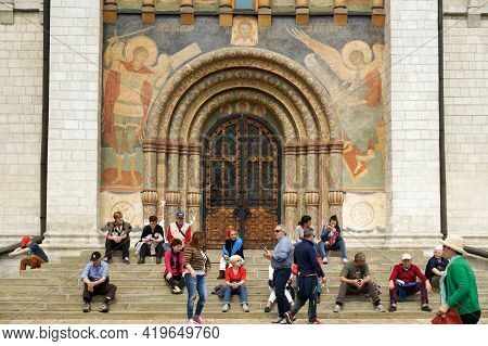 Moscow, Russia - 06 14 2016: Tourists On The Steps Of Assumption Cathedral In Moscow Kremlin. This R