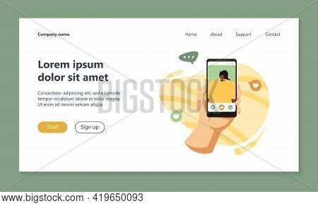 Hand Of Person Using Mobile Phone For Video Call, Talking To Girl Friend. User Holding Cellphone Wit