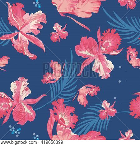 Blue And Pink Tropical Orchids Seamless Vector Repeat Pattern. Vector Illustration