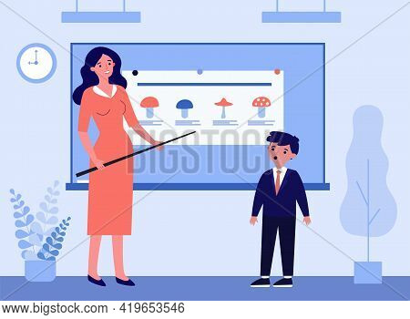 Female Teacher Showing Dangerous Mushrooms To Boy. Chalkboard, School, Toadstool Flat Vector Illustr