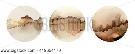 Art Abstract watercolor flow circle blot painting. Color brown and gold marble horozontal texture background. Alcohol ink. Collection.