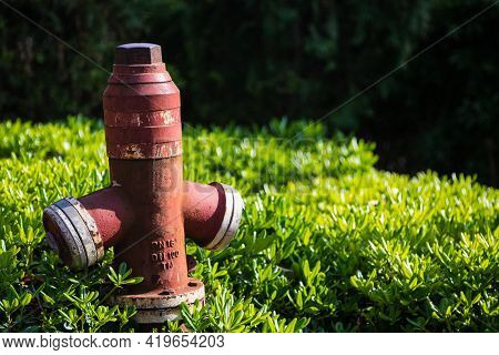 Close-up - Overhead Red Pressurized Fire Hydrant Against Green Bush Background