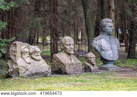 Druskininkai, Lithuania - May 1 2021: Stalin Bronze Sculpture Bust, Lenin, Marx And Hegel Marble Scu