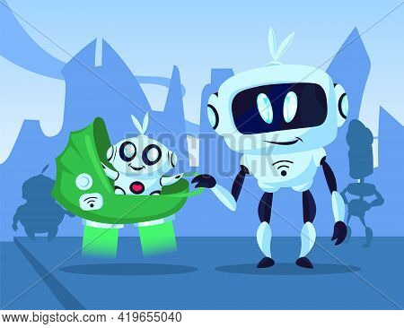 Cartoon Robot Walking With Baby Cyborg In Buggy Illustration. Mechanical Character Smiling At Child 