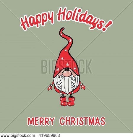 Beautiful Christmas Card With Gnom. Merry Christmas. Postcard For Printing. Vector Illustration.