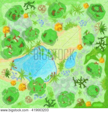 Site Improvement  Landscape And Tourist Camp In The Forest. (top View) Pond, Stones, Trees, Plants, 