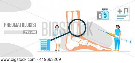 Rheumatoid Arthritis Of The Foot. Tiny Doctors Treat Rheumatism, Osteoarthritis, Make Ultrasound, X