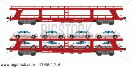 Car Carrier Wagon Isolated On White Background. Freight Flatcar With Automobiles. Part Of Cargo Trai