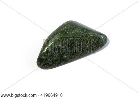 Macroshooting Of Single Natural Mineral Rock Specimen - Tumbled Green Aventurine Gemstone Isolated O