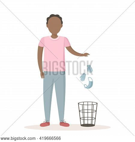 African Man Throw Medical Mask And Gloves In Wastebasket. Quarantine Ending. Vector Illustration.