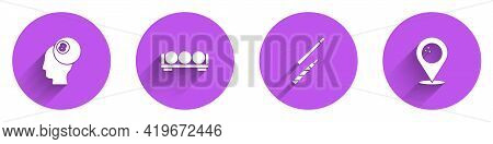 Set Billiard Ball, Balls On Stand, Cue And Location With Bowling Icon With Long Shadow. Vector