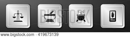 Set Libra Zodiac, Mortar And Pestle, Witch Cauldron And Tarot Cards Icon. Silver Square Button. Vect