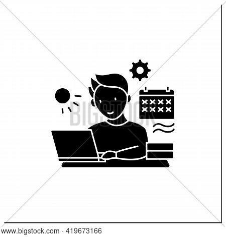 Workaholic Glyph Icon.work Through Vocation, Overtime. Work Despite Calendar Days Off. Man At Laptop
