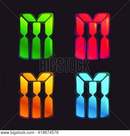 M Letter Logo In Alarm Clock Style. Digital Font In Four Color Schemes For Futuristic Company Identi