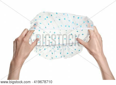 Woman Holding Shower Cap With Pattern On White Background, Closeup