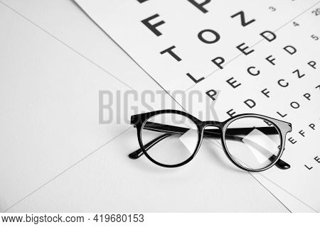 Glasses And Eye Chart Test On White Table, Space For Text. Ophthalmologist Tools
