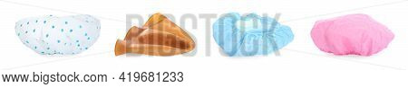 Set With Waterproof Shower Caps On White Background. Banner Design