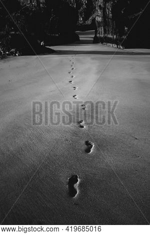 Footsteps on the sand passing through the outer Hebrides island, Scotland