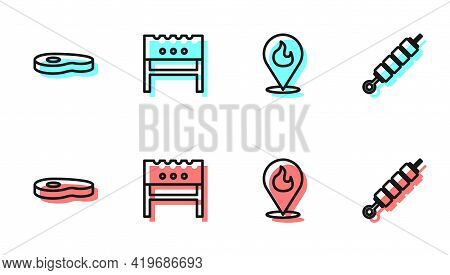 Set Line Location With Fire Flame, Steak Meat, Bbq Brazier And Grilled Shish Kebab Icon. Vector