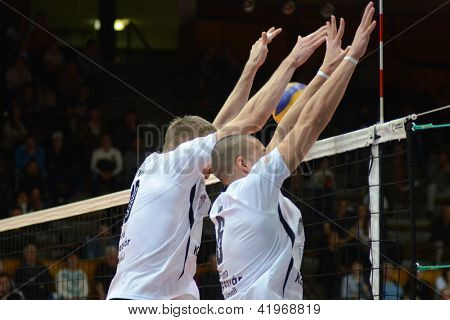 KAPOSVAR, Ungarn - 1. februar: Balint Magyar (6) i aktion ved en Middle Europa League volleyball g