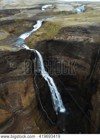 Drone shot of the Haifoss waterfall, Iceland