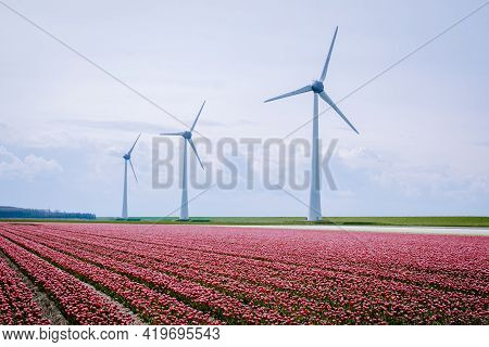 Offshore Windmill Farm In The Ocean Westermeerwind Park, Windmills Isolated At Sea On A Beautiful Br