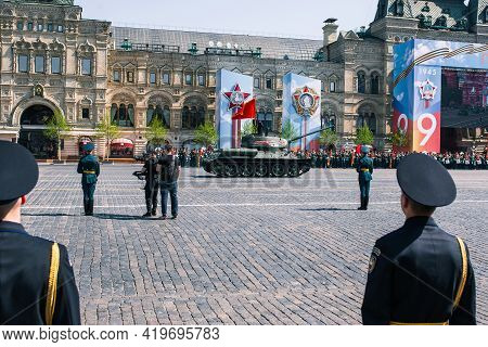 A Russian T34 Tank Drives Through Red Square In Moscow. Victory Parade On May 9: Moscow, Russia, 09 