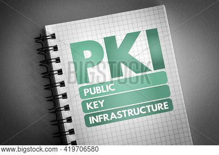Pki - Public Key Infrastructure Acronym On Notepad, Technology Concept Background