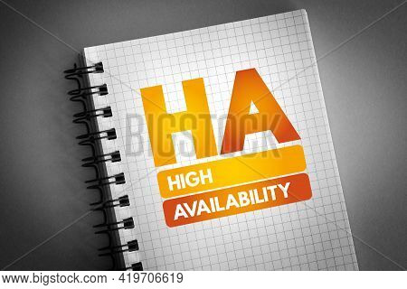 Ha - High Availability Acronym On Notepad, Technology Concept Background