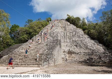 Coba, Mexico - January 31, 2018: Nohoch Mul, The Tallest Of All Mayan Pyramids, Quintana Roo, Yucata