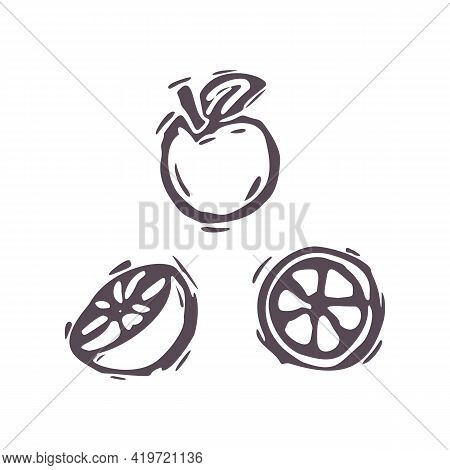 Hand Carved Bold Block Print Orange Fruit Icon Clip Art. Folk Illustration Design Element. Modern Bo