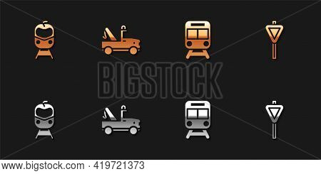 Set Train And Railway, Tow Truck, And Road Traffic Signpost Icon. Vector