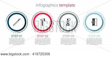 Set Metal Pike Pole, Firefighter Axe, Bucket Extinguishing Fire And Exit. Business Infographic Templ