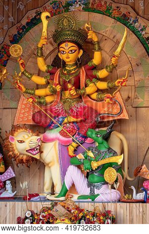 Goddess Durga Idol Decorated At Puja Pandal In Kolkata, West Bengal, India. Durga Puja Is Biggest Re
