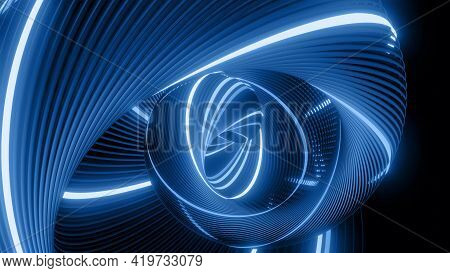 3d Render. Abstract Geometric Bg With Rings Form Complex Twisted Spiral And Light Effects. Rings Fla