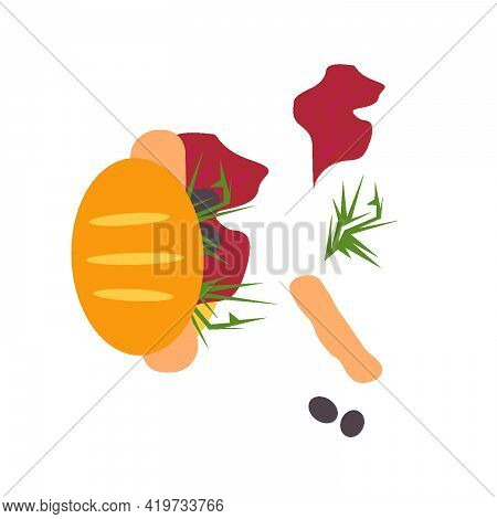 Delicious Hot Dog With Sausage, Red Cabbage, Olives And Herbs. Isolated.