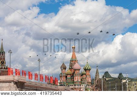 May 7, 2021, Moscow, Russia. An Aerobatic Group Of Ka-52 Alligator Army Helicopters Ipreparing L For