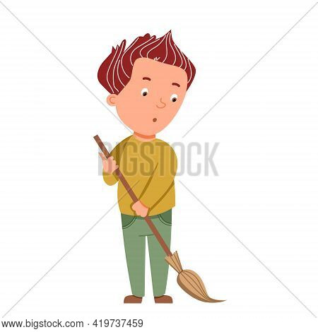 A Light-skinned Boy Sweeps With A Broom. Assistance In Cleaning, Conducting A Subbotnik.