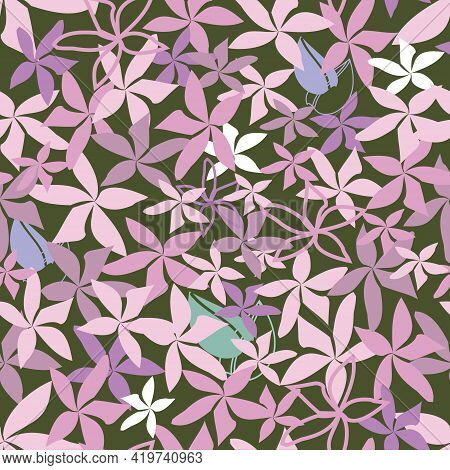 Hunter Green Flowers Seamless Pattern On Deep Sea Green Background.