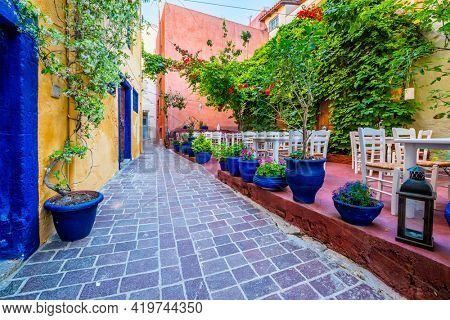 Scenic picturesque streets of Chania venetian town with coloful old houses. Chania greek village in the morning. Chanica, Crete island, Greece